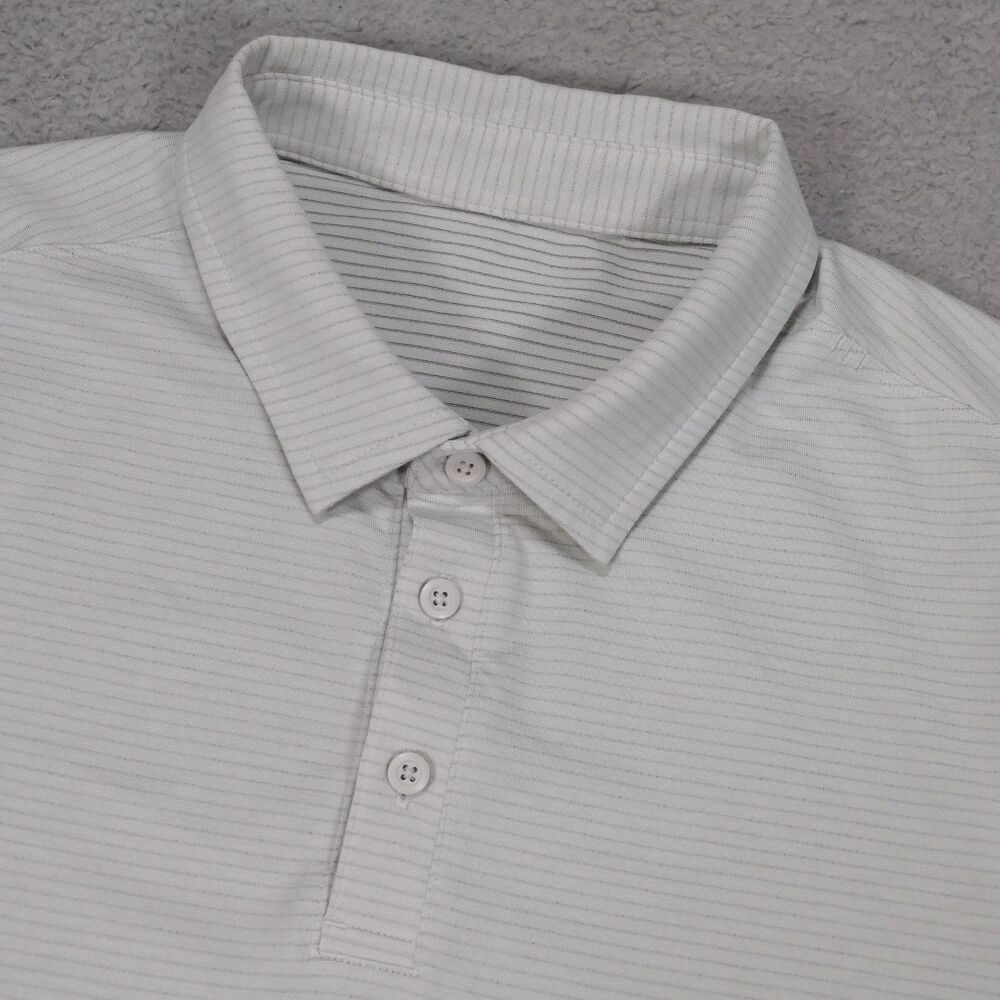 Lululemon Polo Shirt Mens Medium Micro Striped Beige Athletic Fit Short Sleeve
